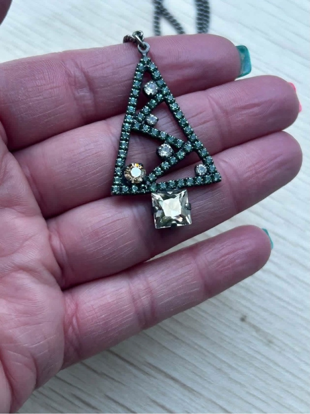 Green Crystal Triangle Pendant Necklace - Elegant Women's Jewelry